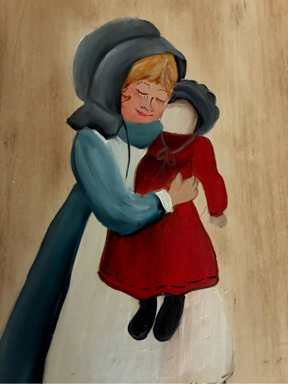 Vintage Wood Prairie/Amish Girl holding Doll Wall Plaque to hang